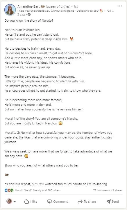 Histoire Naruto post LinkedIn Waalaxy