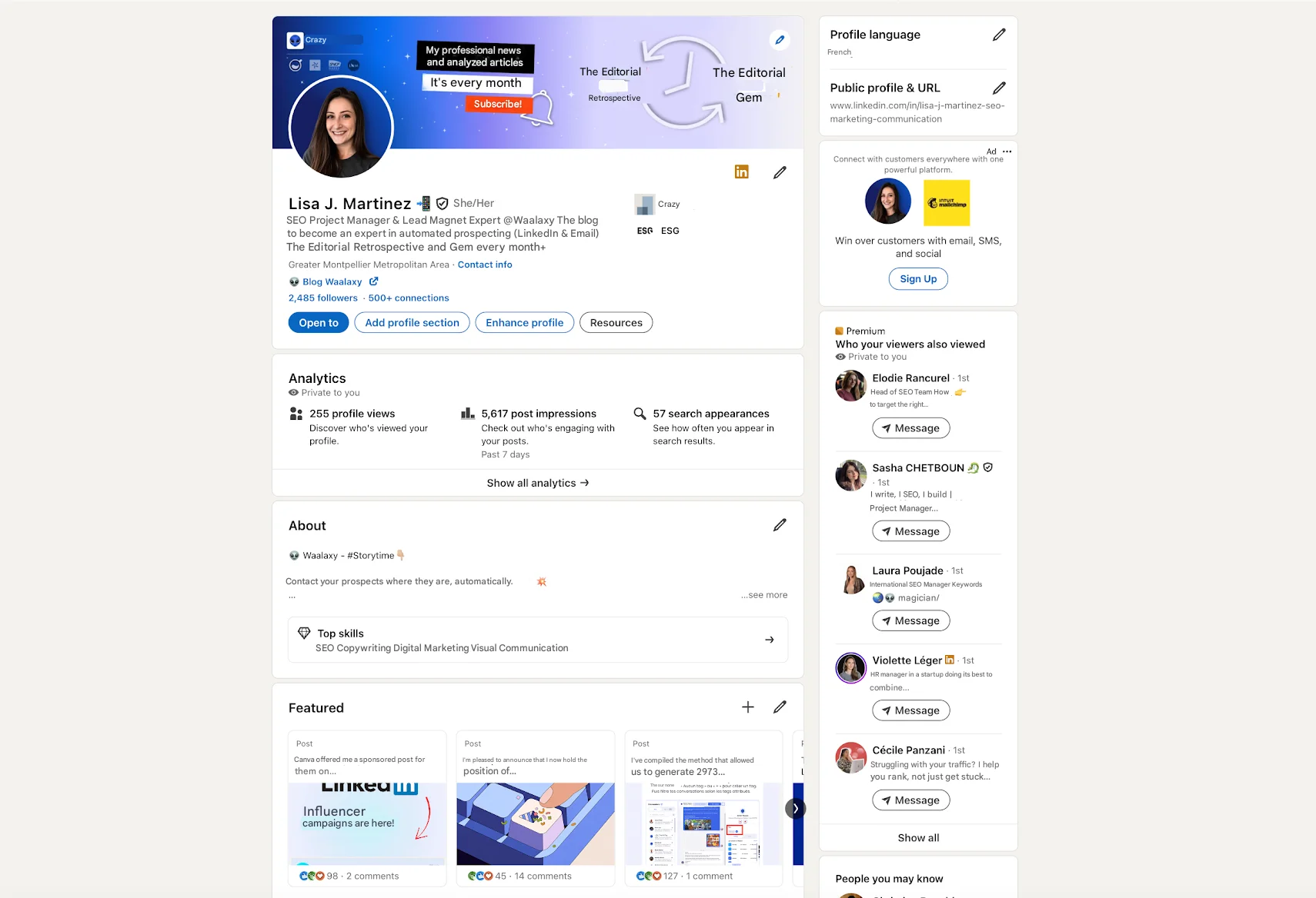 Cold email LinkedIn - Lisa J. Martinez's LinkedIn profile page, statistics, and interaction options.