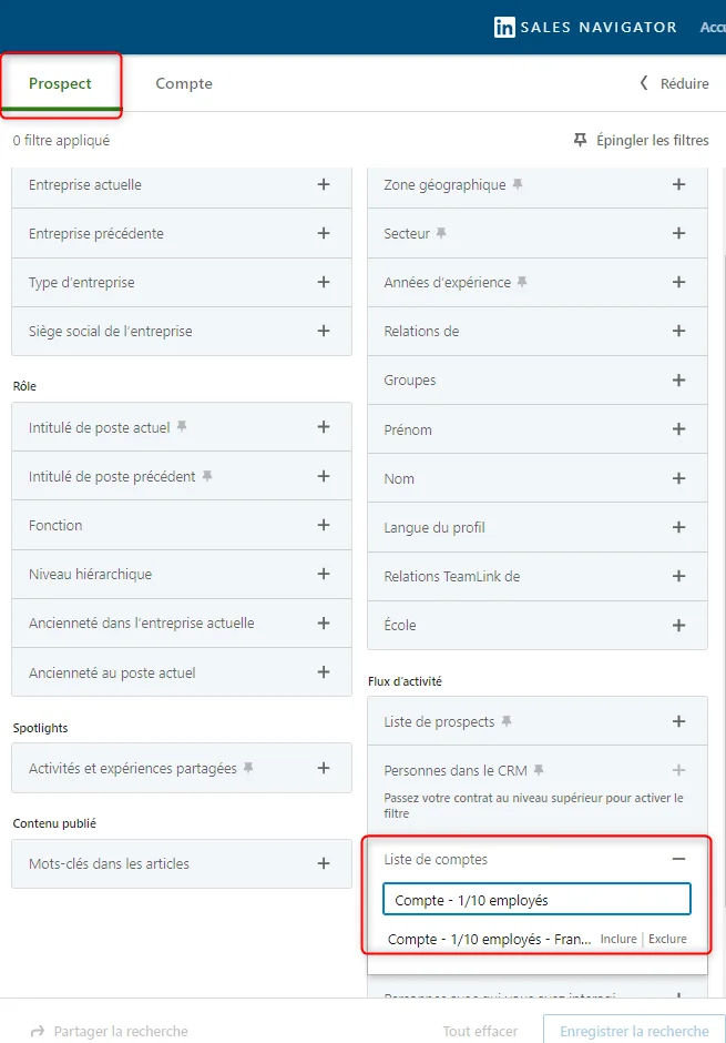 Page web Sales Navigator, liste de prospects et filtre de recherche d'entreprise.
