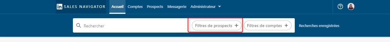 Page web du Sales Navigator, menu d'accès et filtres pour prospects et comptes.