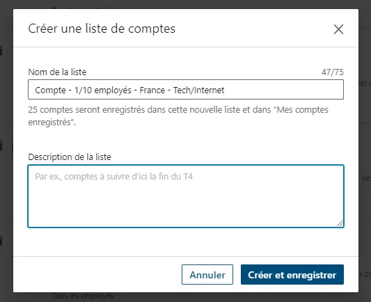Création d'une liste de comptes pour 1/10 employés en France, secteur Tech/Internet.