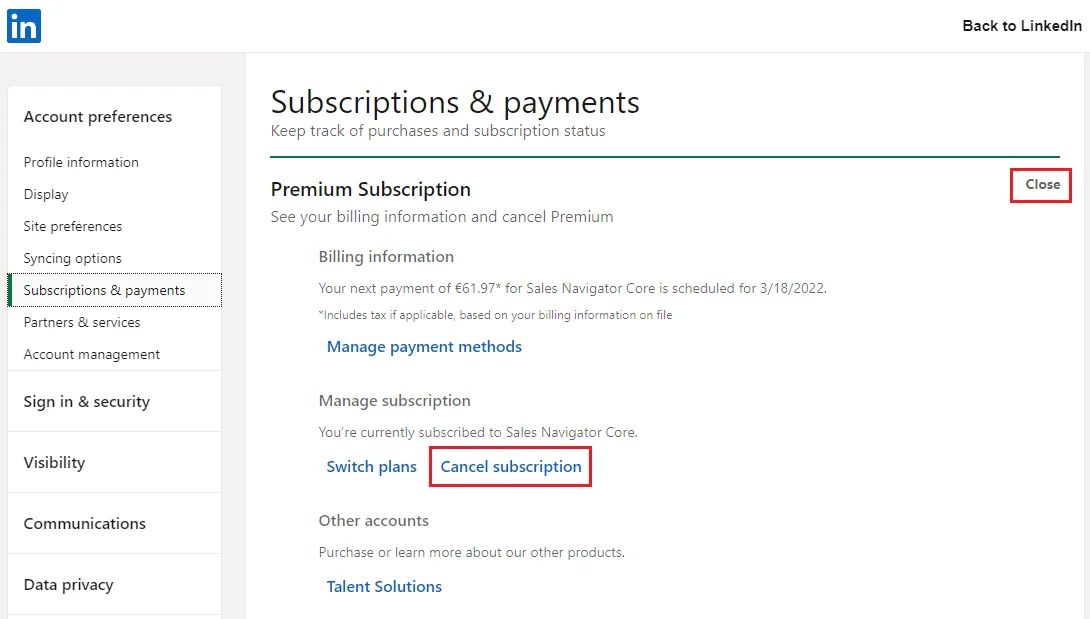 Abonnements paiements LinkedIn Premium Core