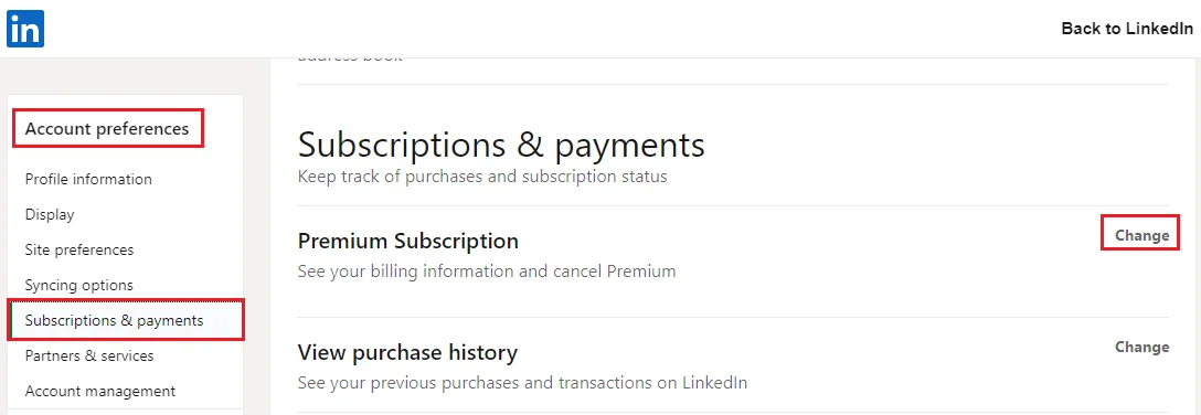 Paramètres abonnements paiements LinkedIn