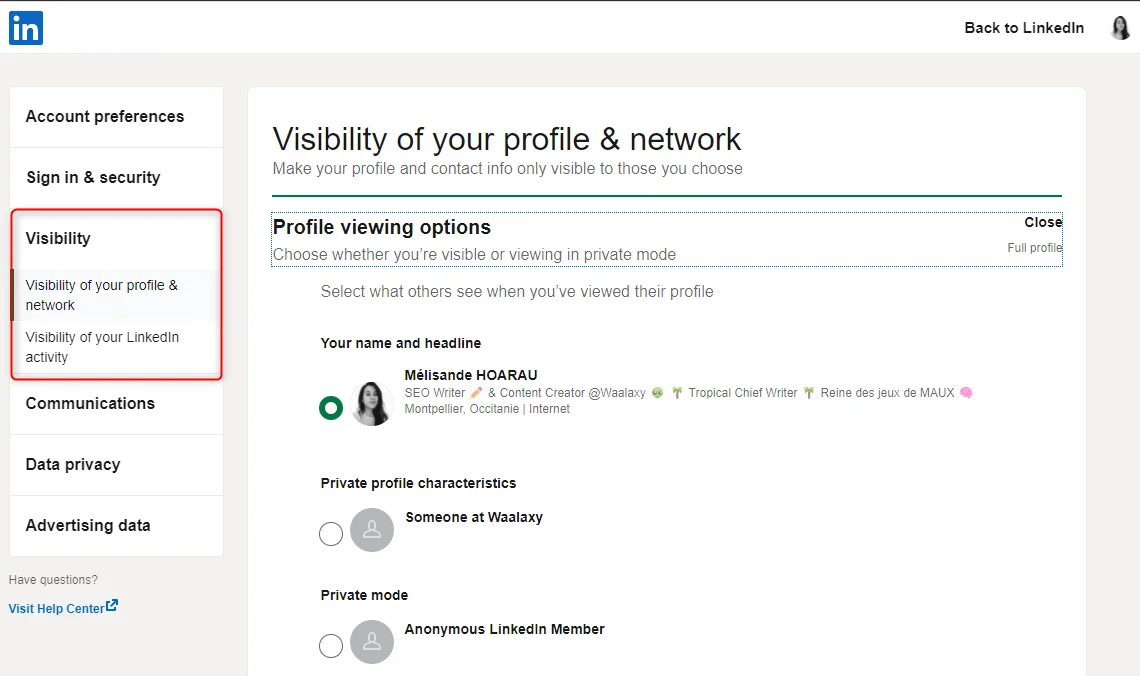 Paramètres visibilité profil LinkedIn