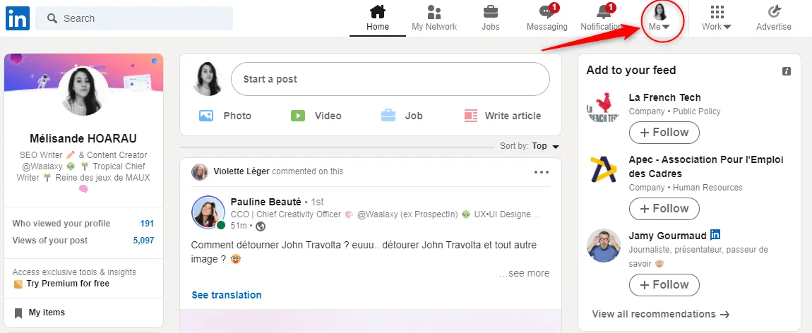 Interface LinkedIn profil Waalaxy