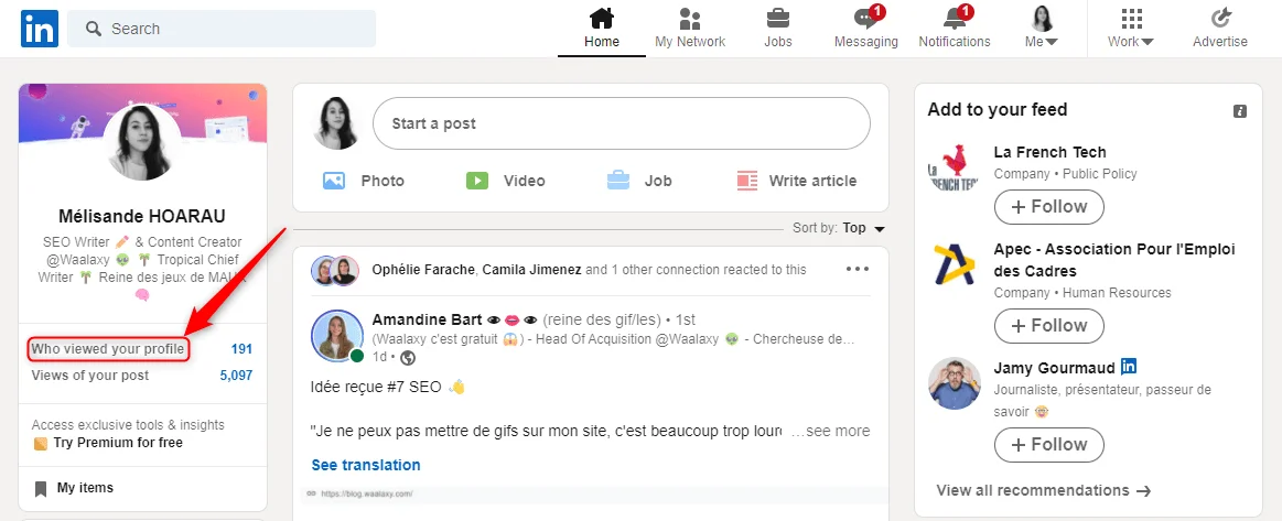 Interface LinkedIn profil Waalaxy