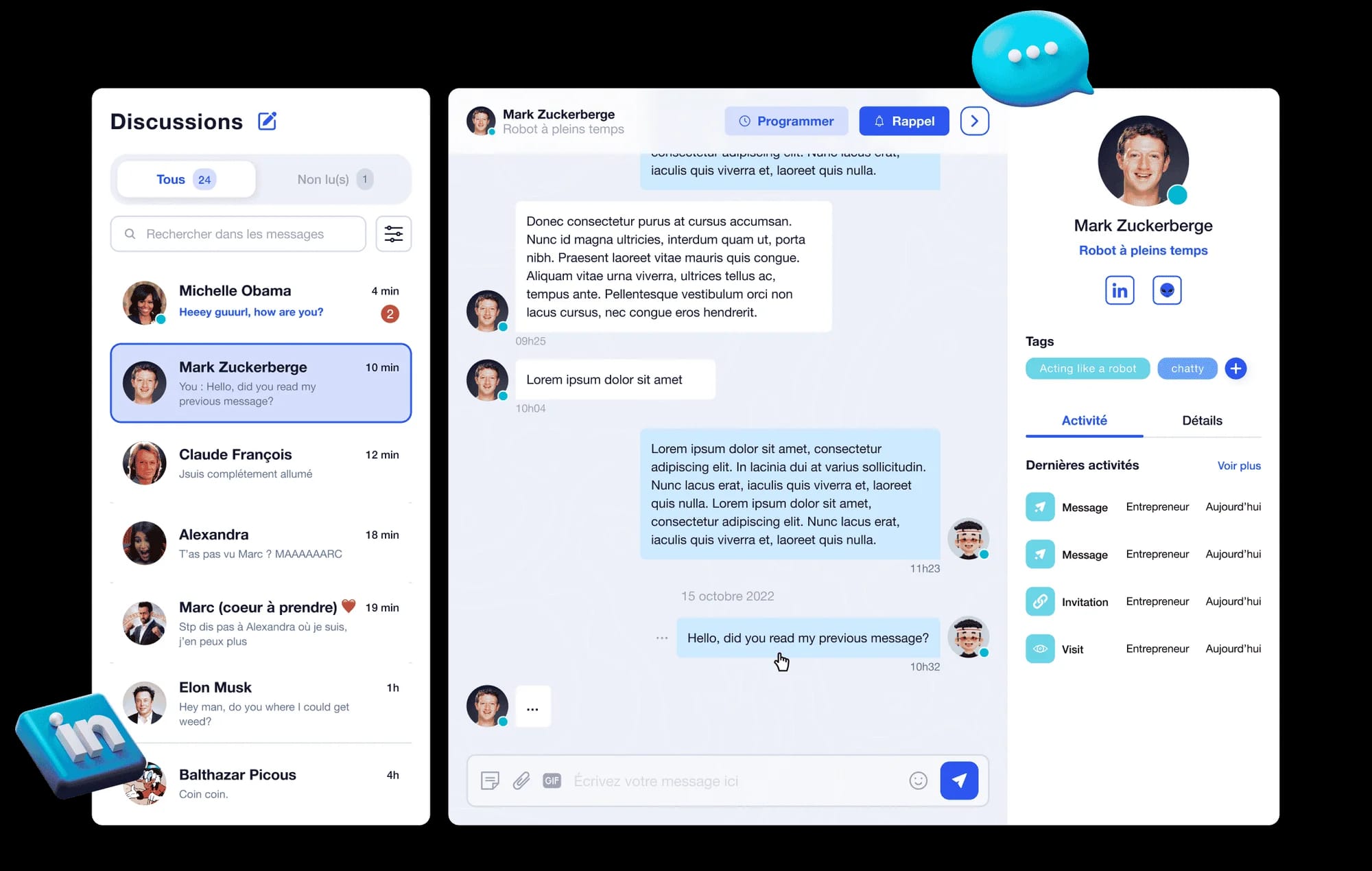 Interface messagerie prospection LinkedIn Waalaxy