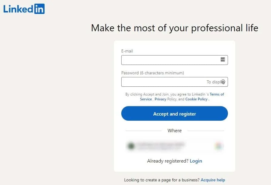 LinkedIn sign up registration form