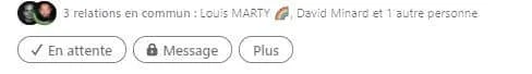 Image d'une section de profil Facebook montrant des relations en commun (Louis MARTY, David Minard), boutons "En attente", "Message" et "Plus".