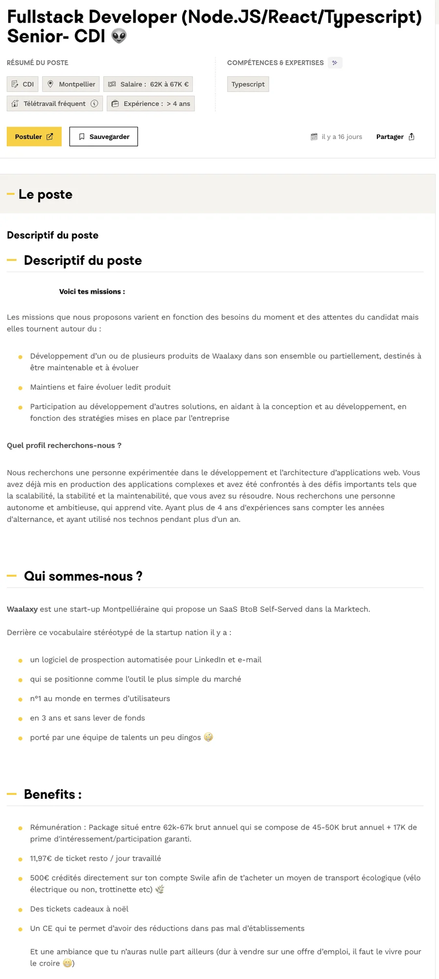 Page d'emploi pour Fullstack Developer (Node.js/React/TypeScript), poste Senior - CDI. Description du poste, exigences et avantages.