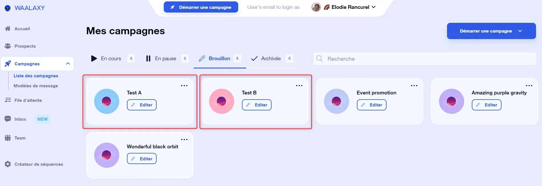 Page d'administration des campagnes avec des options "Text A" et "Text B", en cours et activé. Interface utilisateur de WAALAXY.