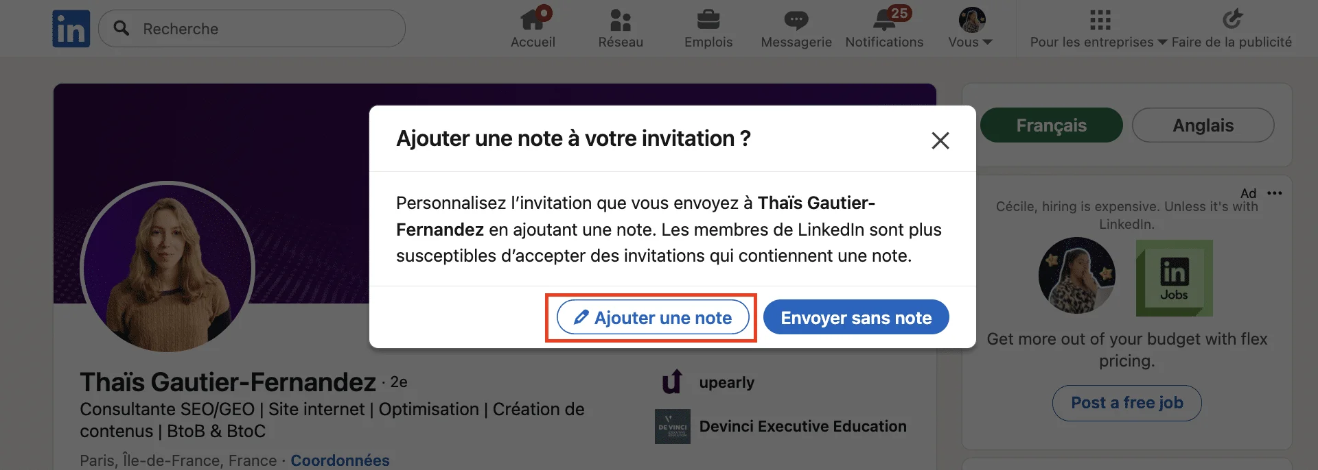 Exemple de message, ajouter une note à une invitation