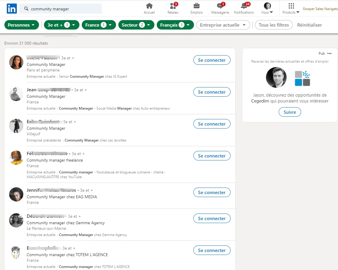 Résultats recherche community manager LinkedIn