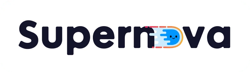 Logo "Supernova" avec personnage dessiné dans le "O". Fond blanc.