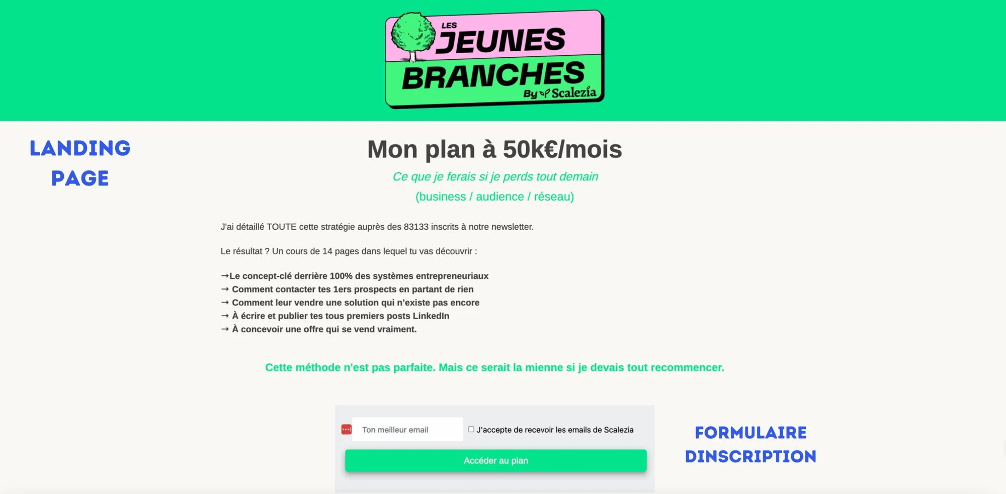 Page web "Jeunes Branches" présentant un plan à 50k€/mois avec formulaire d'inscription.