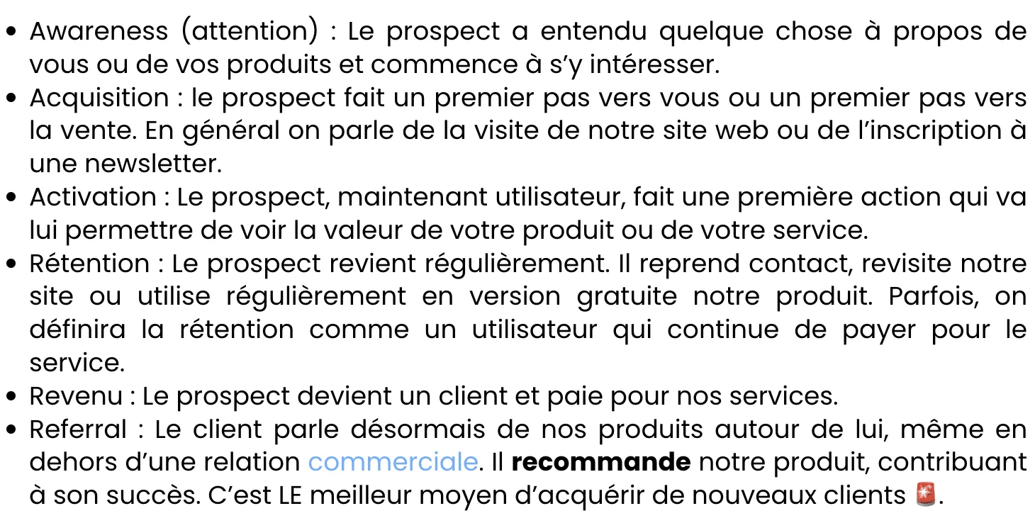 Liste détaillée des étapes du cycle d'acquisition client, incluant Awareness, Acquisition, Activation, Revenu et Referral, illustrant les stades du processus commercial.