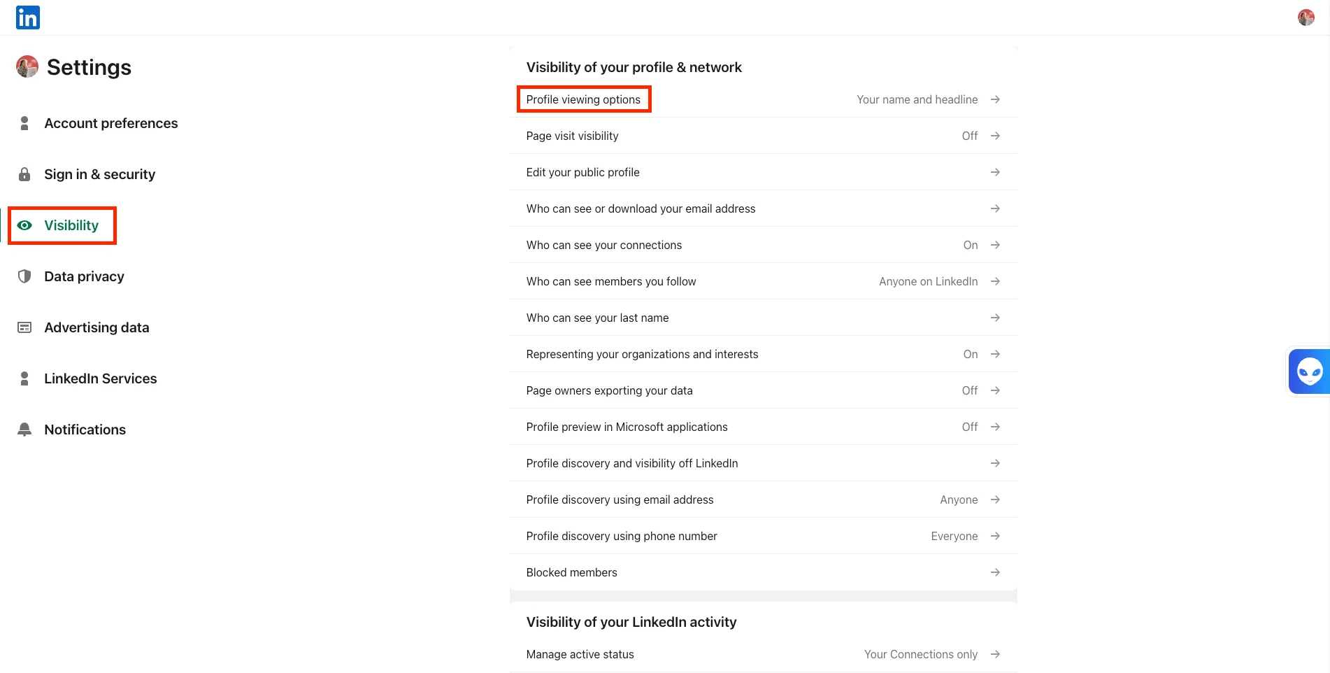 Switching to private mode on LinkedIn