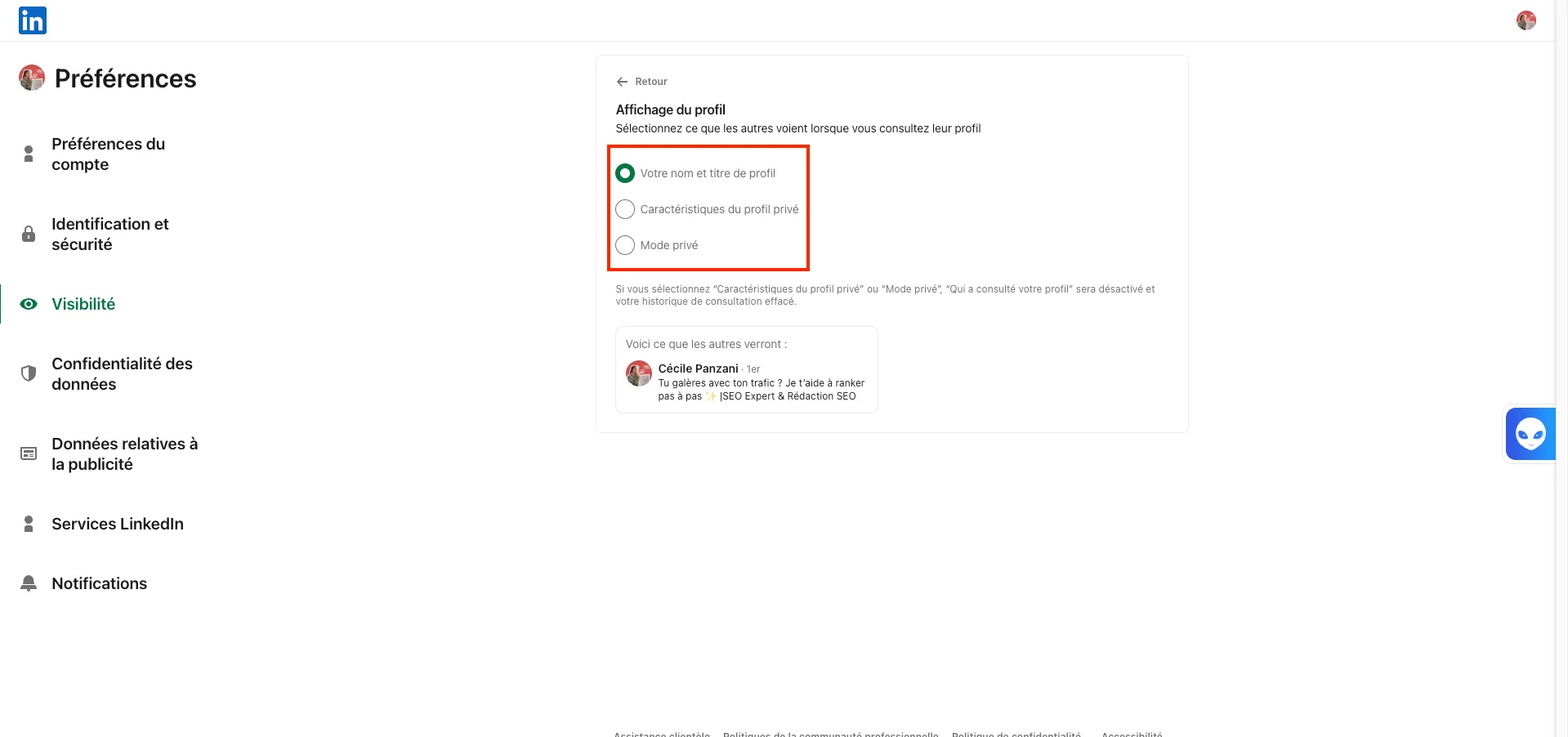 affichage du profil Linkedin