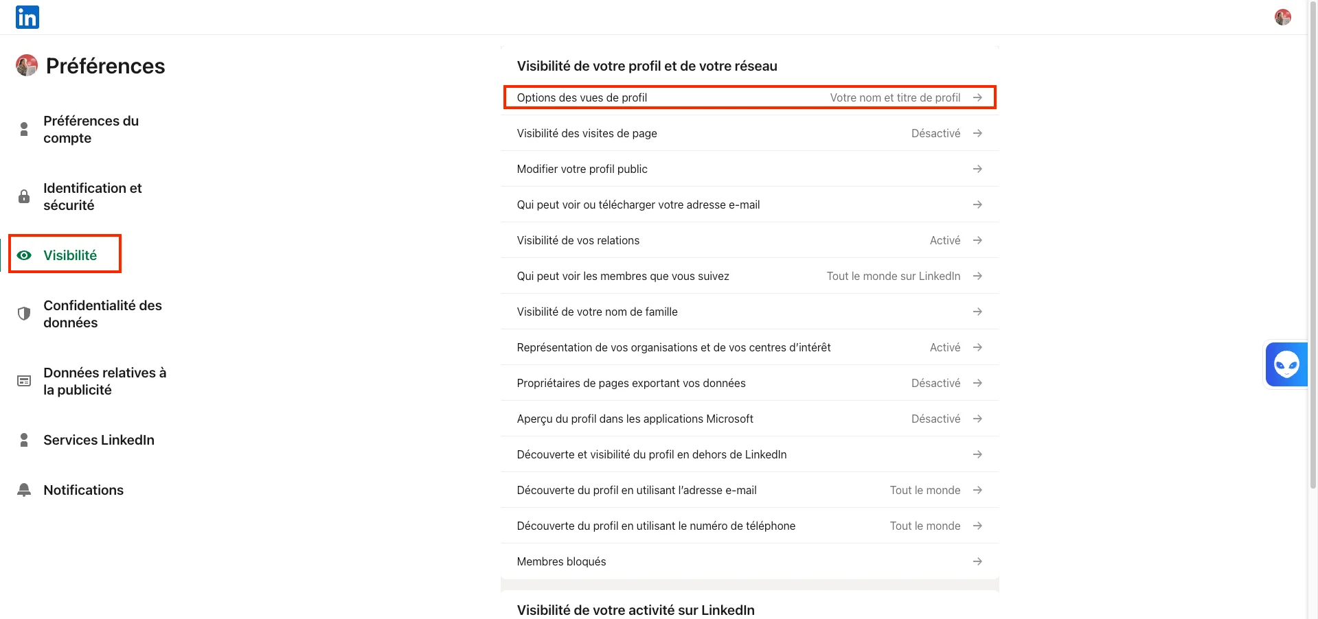 Se mettre en mode privé sur LinkedIn