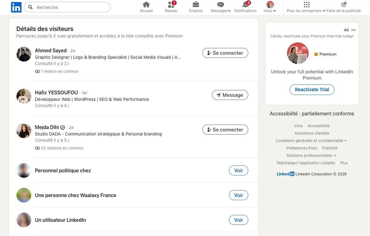détails des visiteurs avec un compte LinkedIn gratuit