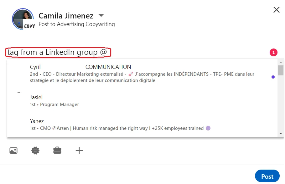 tag someone on LinkedIn who is not a connection