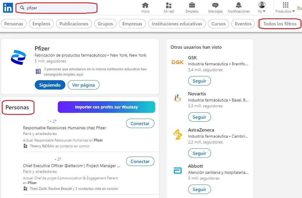 Resultados búsqueda Pfizer LinkedIn