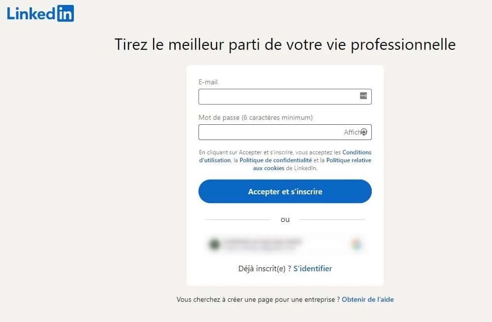 Page d'inscription LinkedIn avec champs d'email et mot de passe, bouton "Accepter et s'inscrire". Texte en français. Contexte professionnel.