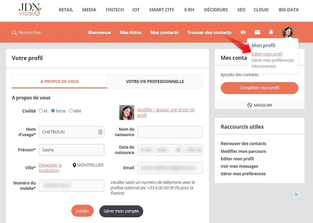 Page web du site JDNvideo, formulaire de profil avec options de personnalisation et menu "Mes contacts".