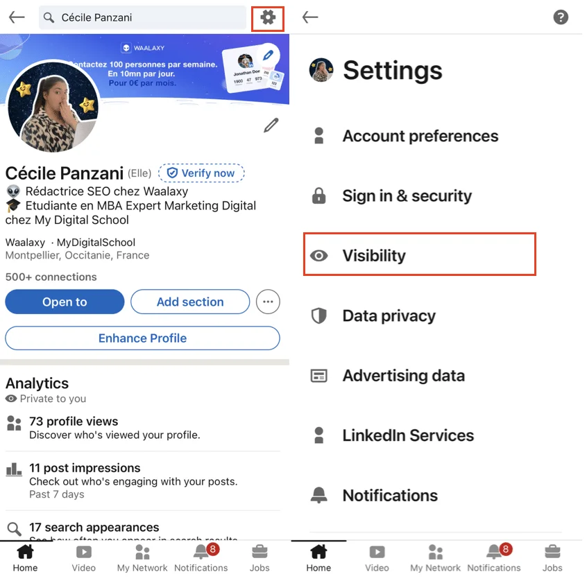 Paramètres visibilité profil LinkedIn Waalaxy