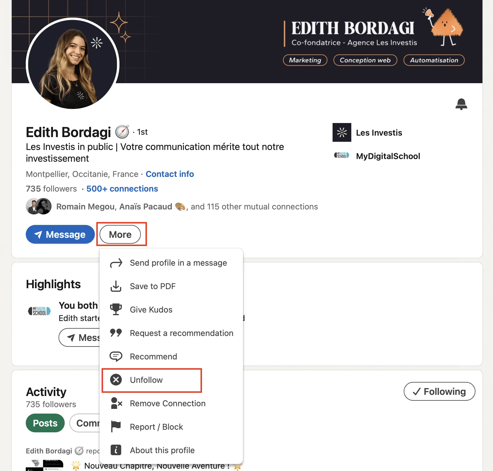 Profil LinkedIn Édith Bordagi Les Investis
