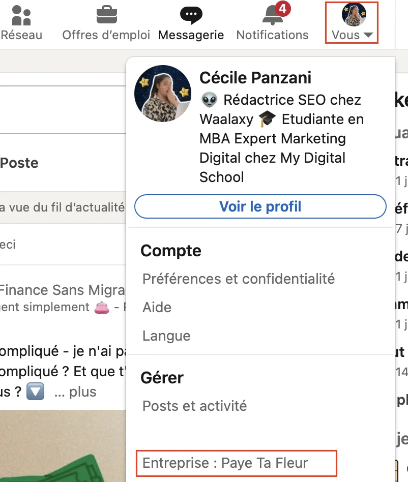 Menu profil LinkedIn, Cécile Panzani, rédactrice SEO, entreprise Paye Ta Fleur.