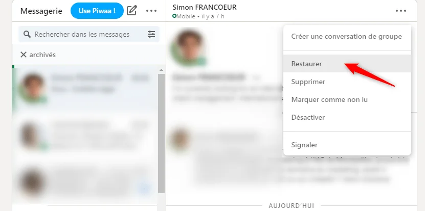 restaurer message linkedin
