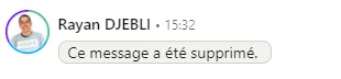 Message supprimé par Rayan DJEBLI à 15:32. Avatar bleu. Contexte de suppression.