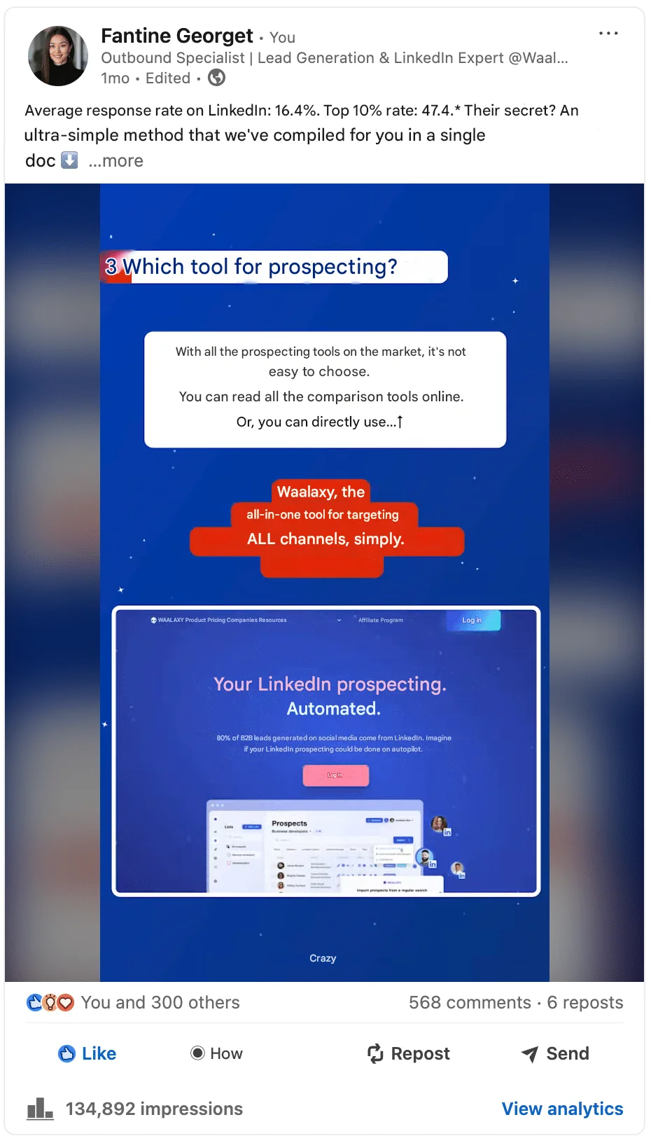 Example of how to calculate the LinkedIn engagement rate on a publication.