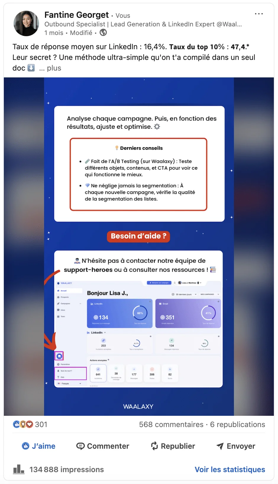 Exemple de calcul du taux d'engagement LinkedIn sur une publication.