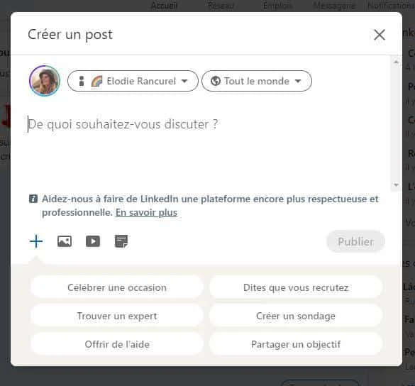 Interface création post LinkedIn Waalaxy