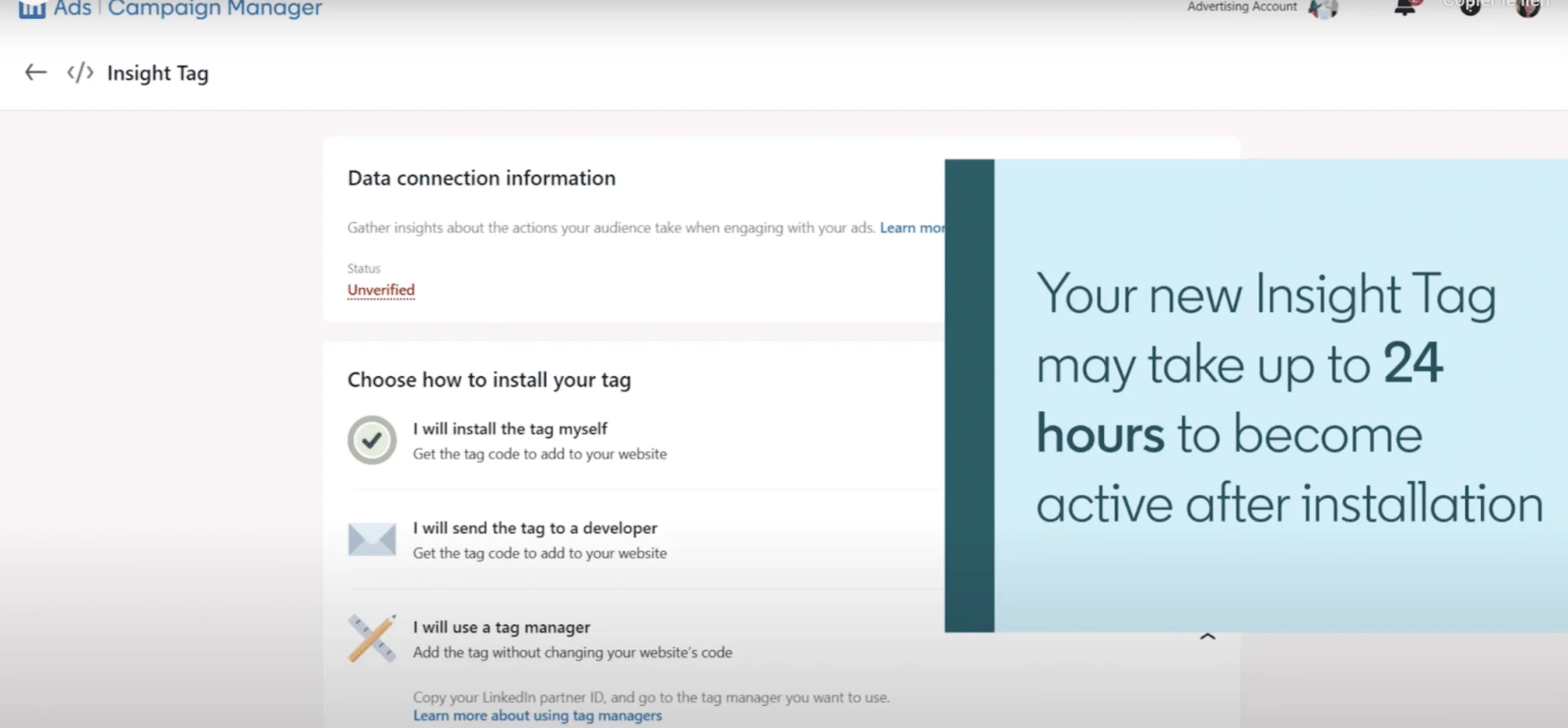 Confirmation of LinkedIn Insight Tag creation and website addition.
