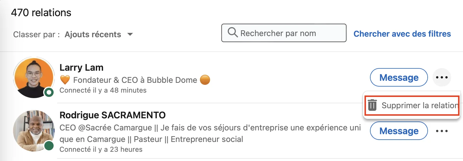 Supprimer un contact LinkedIn