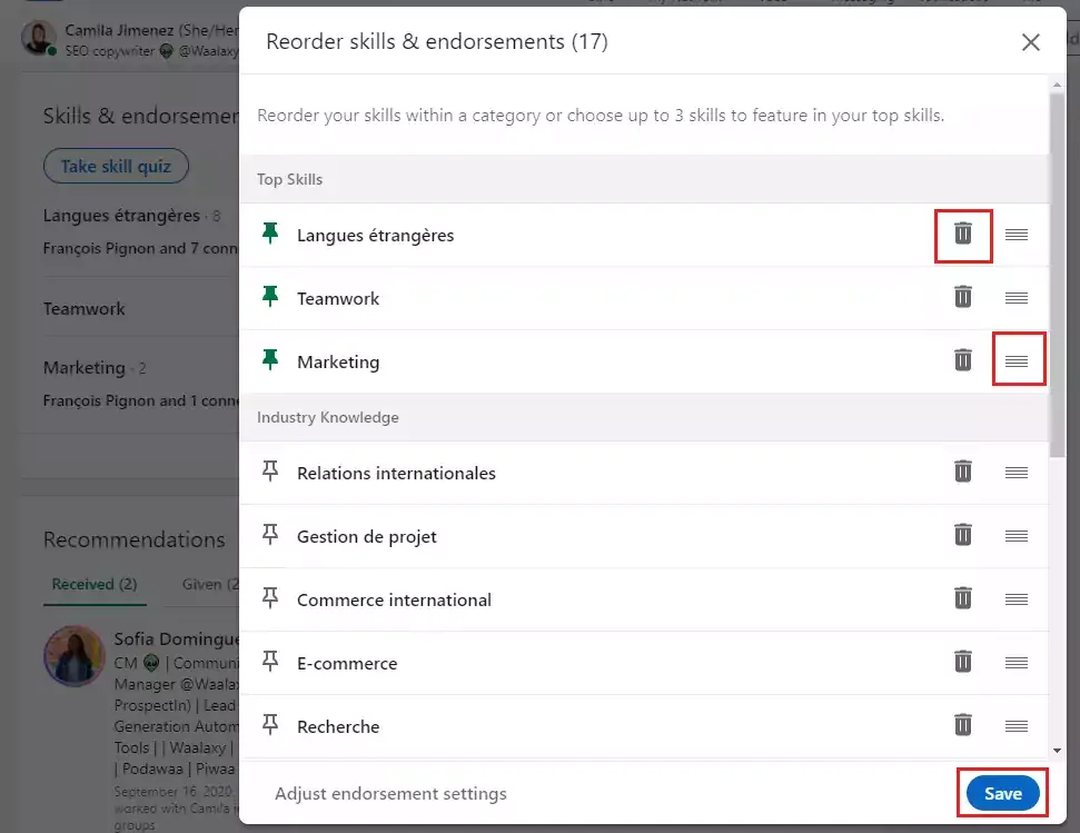reorder skills & how to endorse on LinkedIn