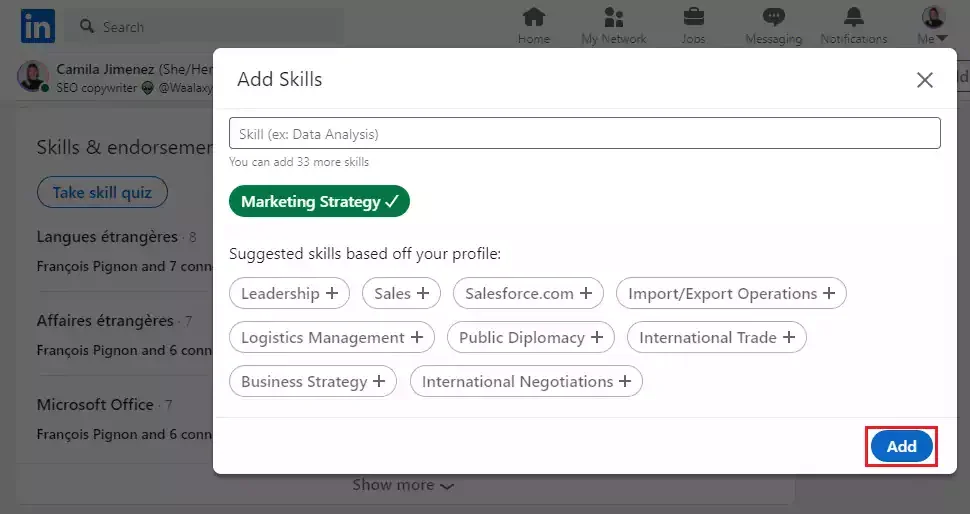 ajouter des compétences Recommandation LinkedIn