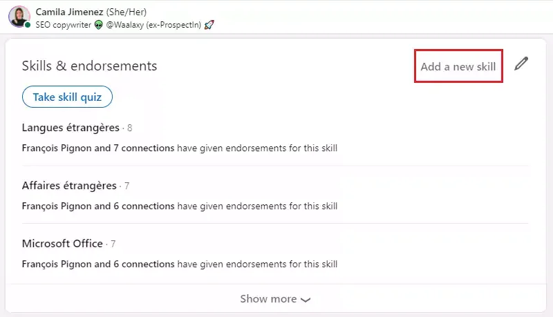 ajouter une nouvelle compétence Recommandation LinkedIn