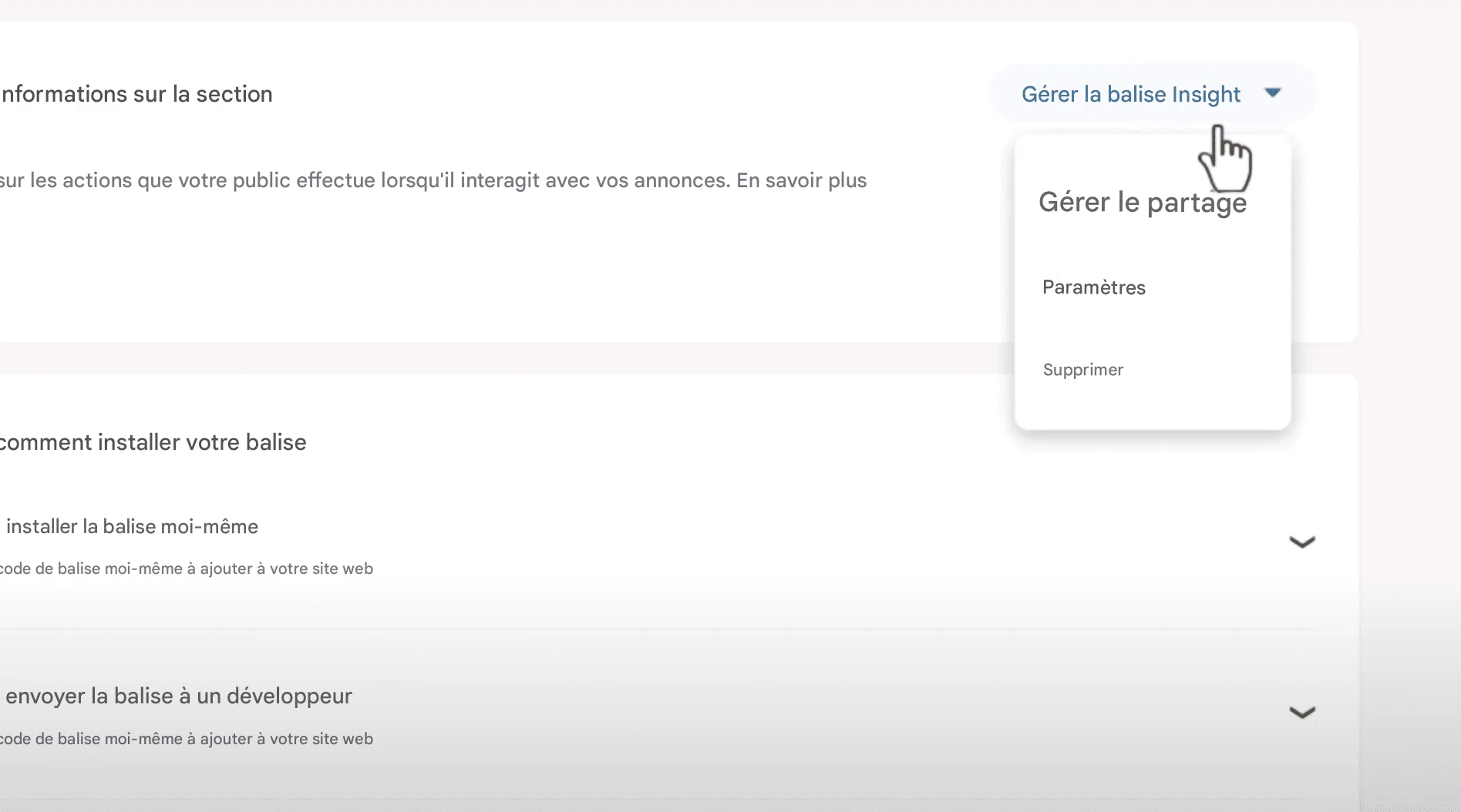 Suivi des conversions : gestion de balise et partage dans Campign Manager.