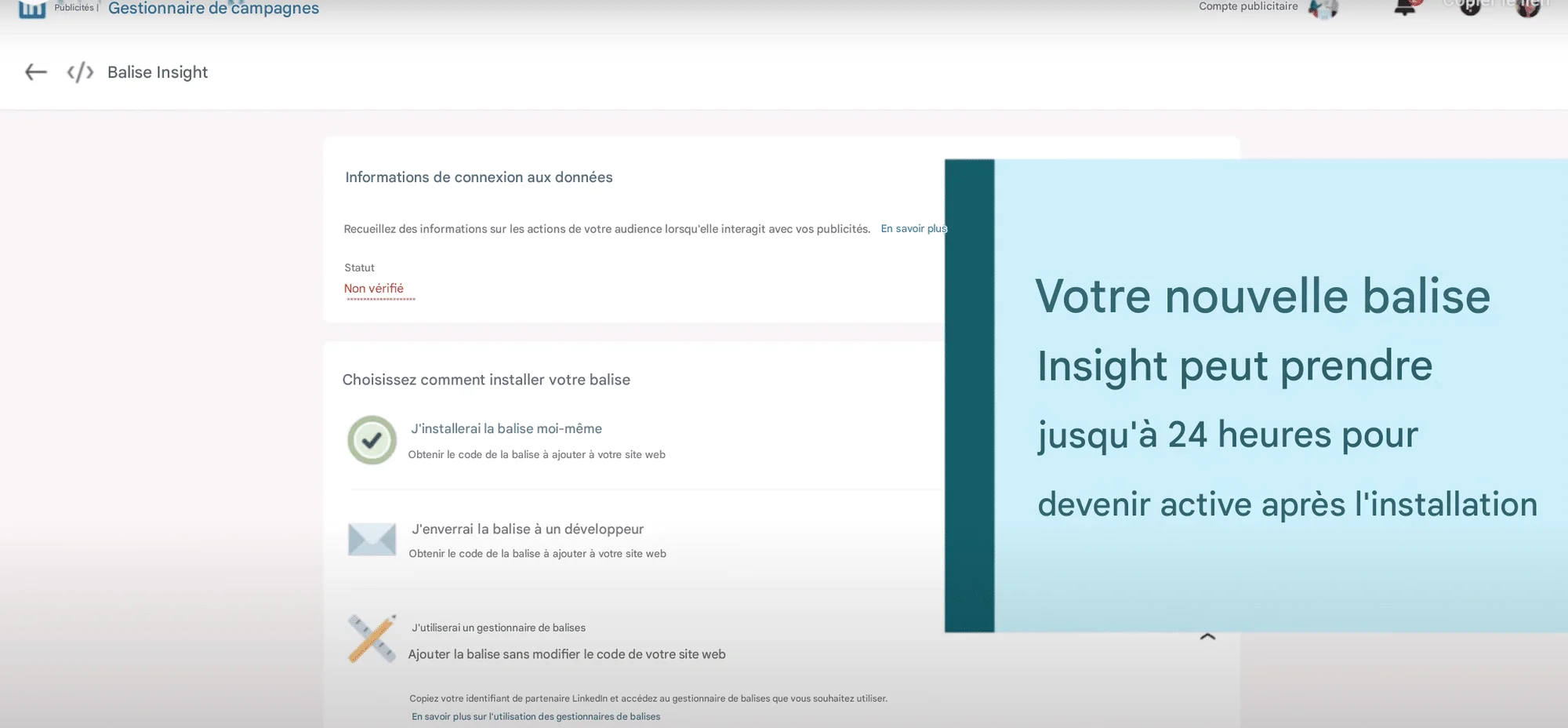 Confirmation création LinkedIn Insight Tag et ajout site web.
