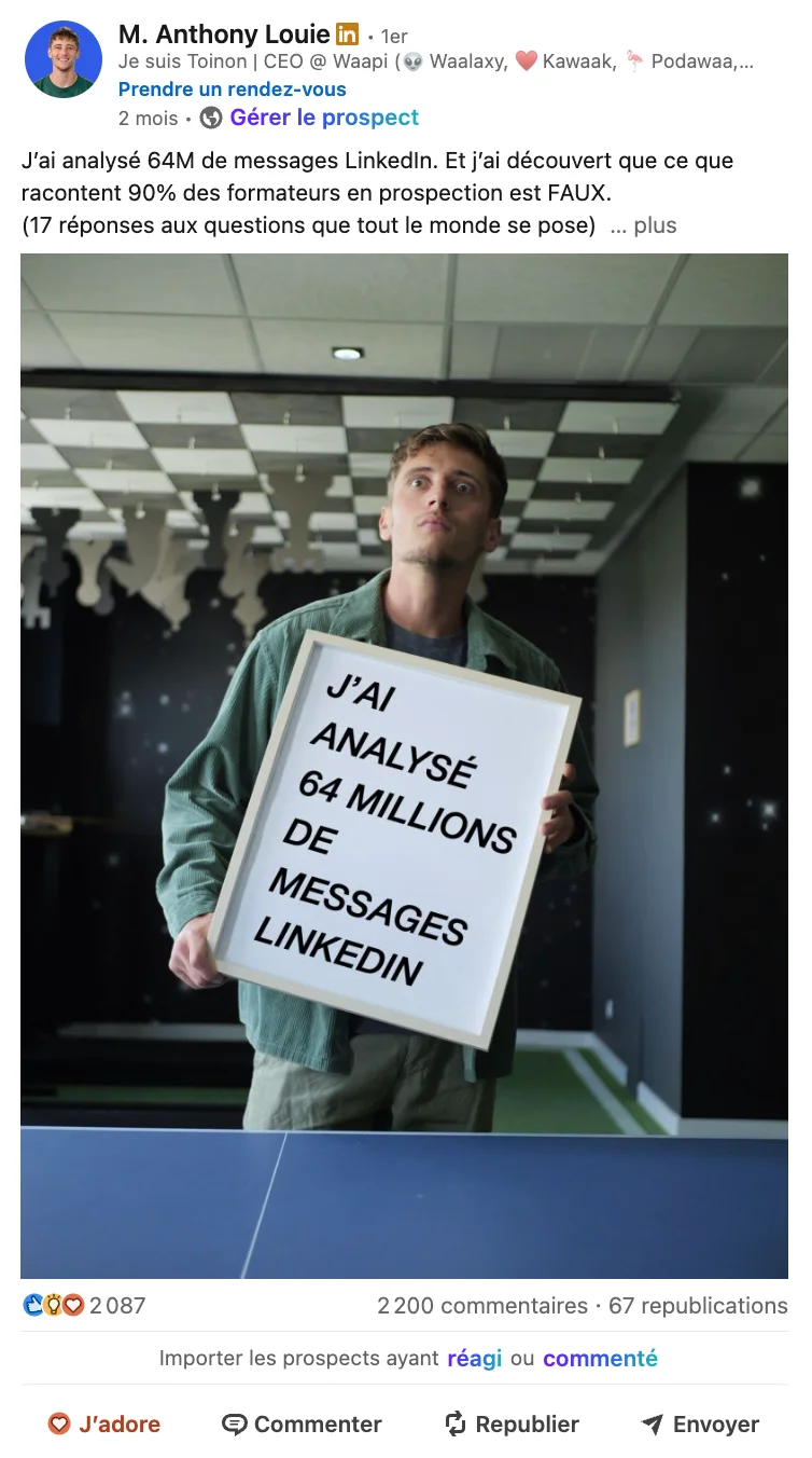 Exemple post LinkedIn engageant : Lead Magnet Waalaxy