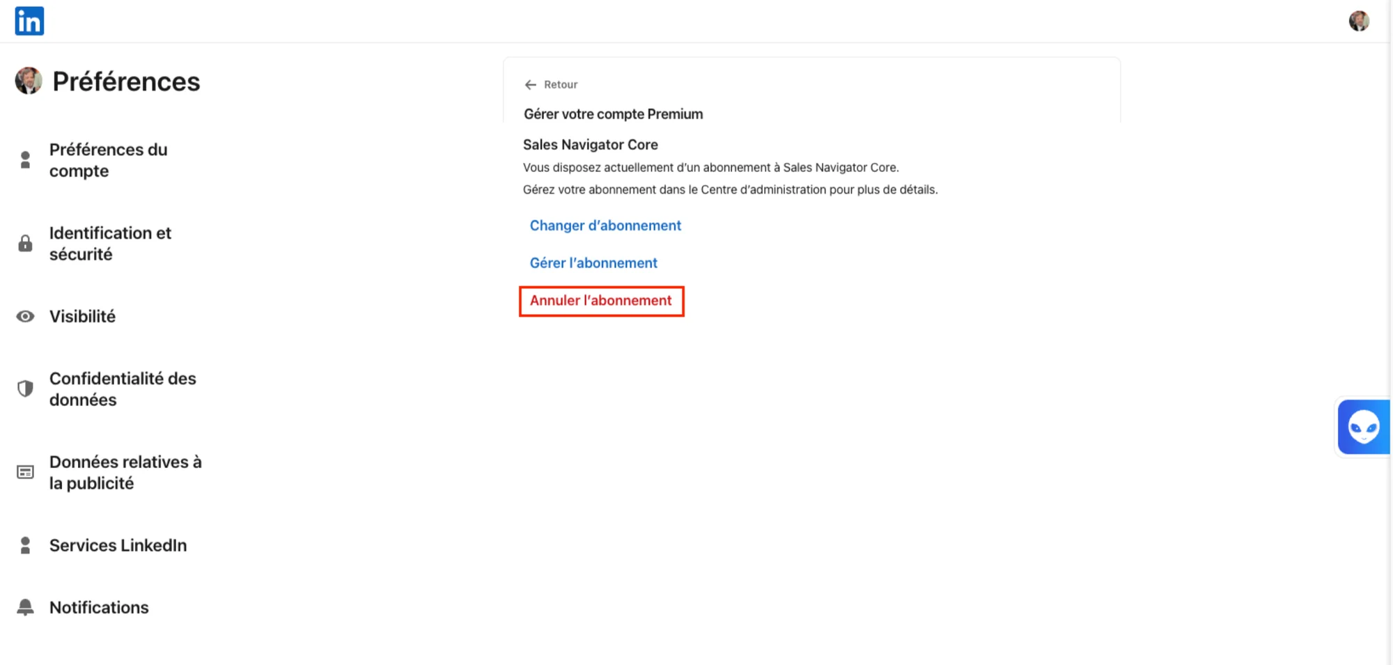 annuler son abonnement linkedin sales navigator