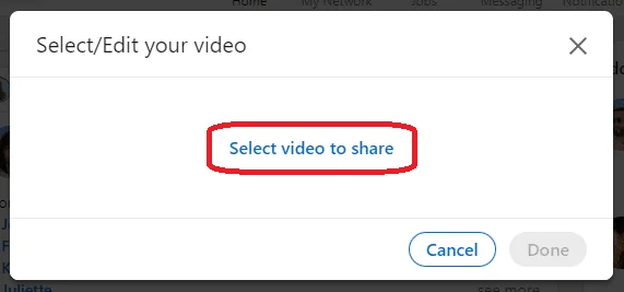 Interface de partage de vidéo avec option "Select video to share" en rouge.