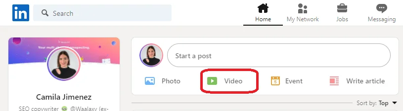 Capture LinkedIn montrant le profil d'Camila Jimenez et l'option "Video" pour publier un post.