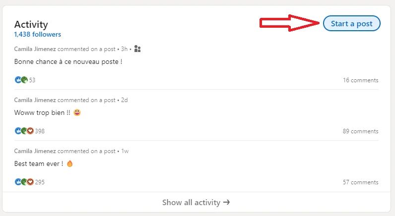 "Page d'activité avec des commentaires en français et un bouton 'Commencer à poster'."