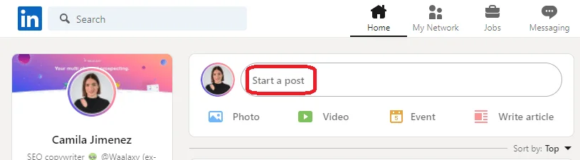 Interface LinkedIn créer post Waalaxy
