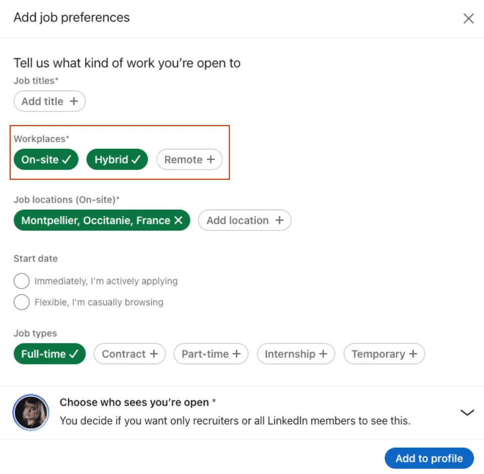 Formulaire préférences emploi LinkedIn